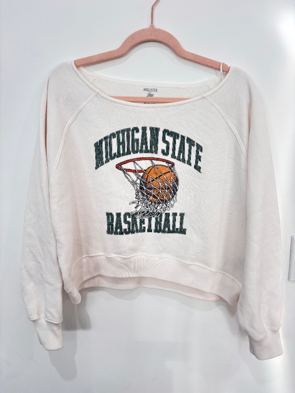 Hollister Michigan State Basketball Sweatshirt Small White Cropped Off Shoulder
